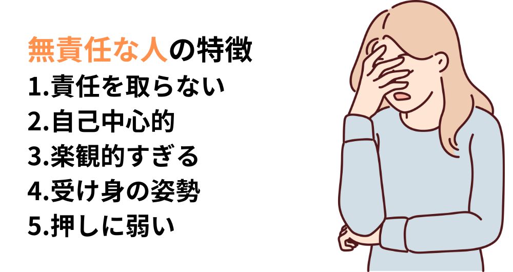 無責任な人の特徴の説明イラスト。無責任な人の特徴は、1.責任を取らない、2.自己中心、3.楽観的すぎる、4.受け身の姿勢、5.押しに弱い