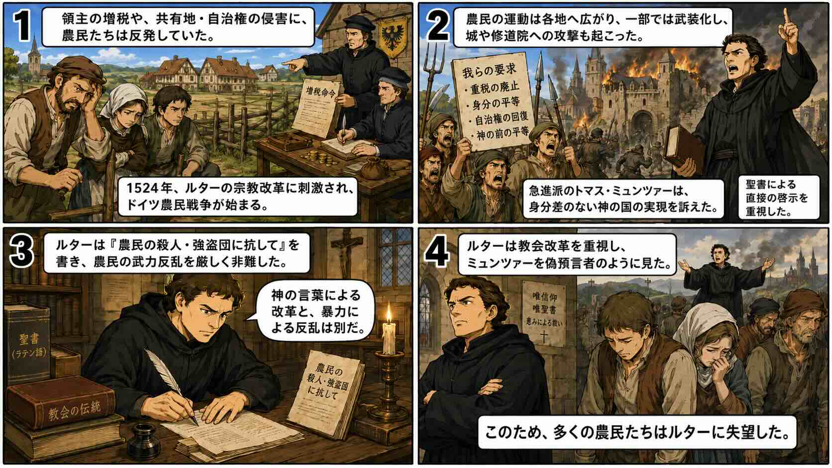 ルターとドイツ農民戦争の4コマ漫画
